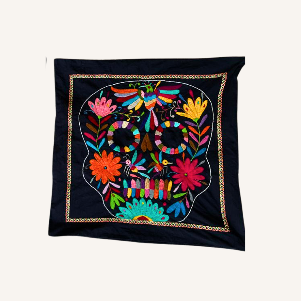 Mexican embroidered calavera cushion