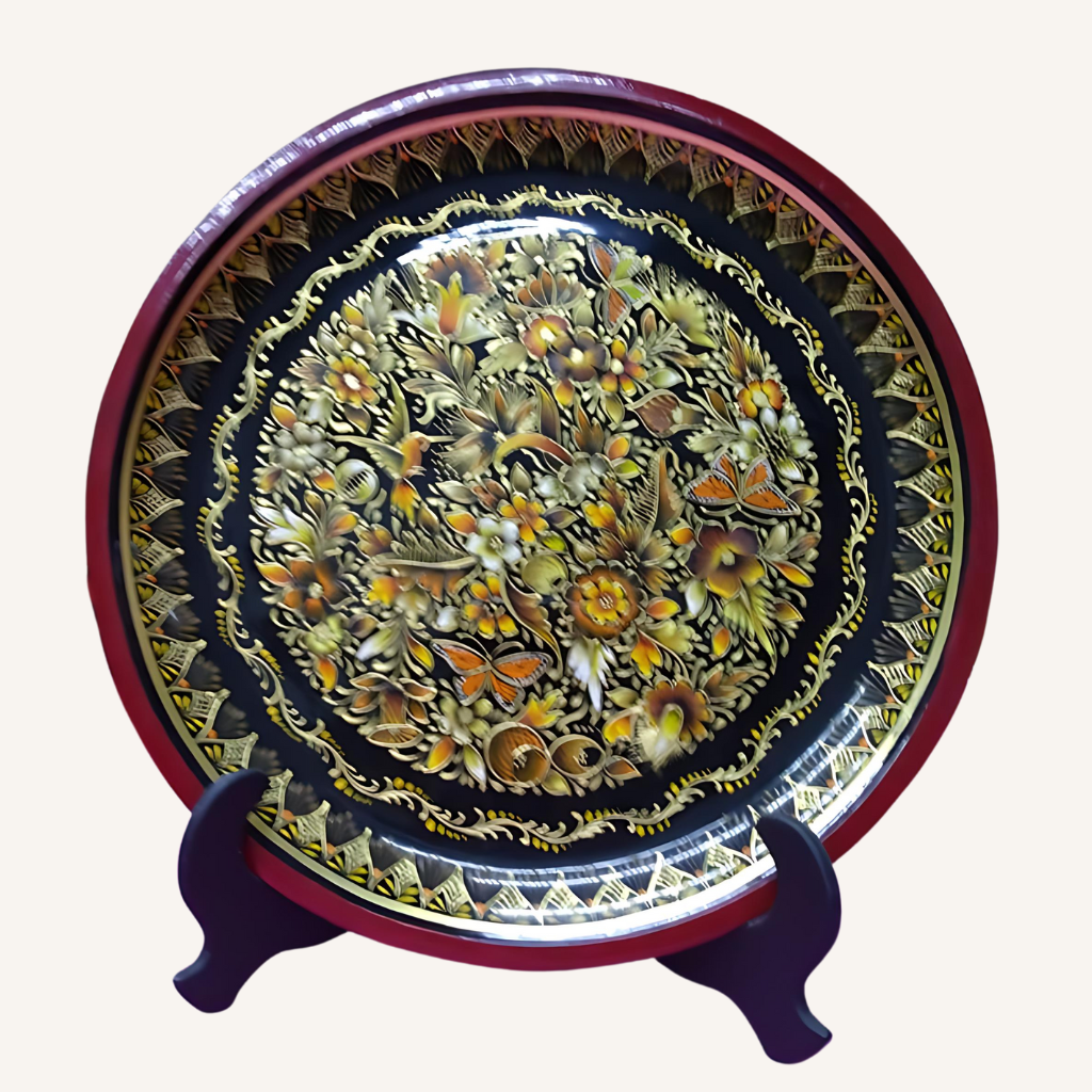 Wooden Plate Decorated with Gold from Michoacan Multicolor Gold