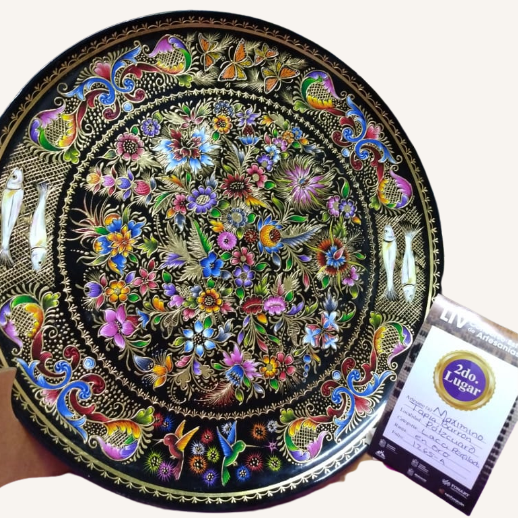 Wooden Plate Decorated with Gold from Michoacan Multicolor